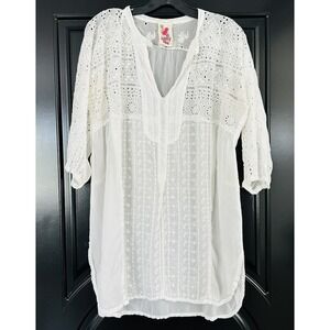 Johnny Was Tunic Blouse Medium White Sheer Eyelet Boho Crochet Western‎ Cottage